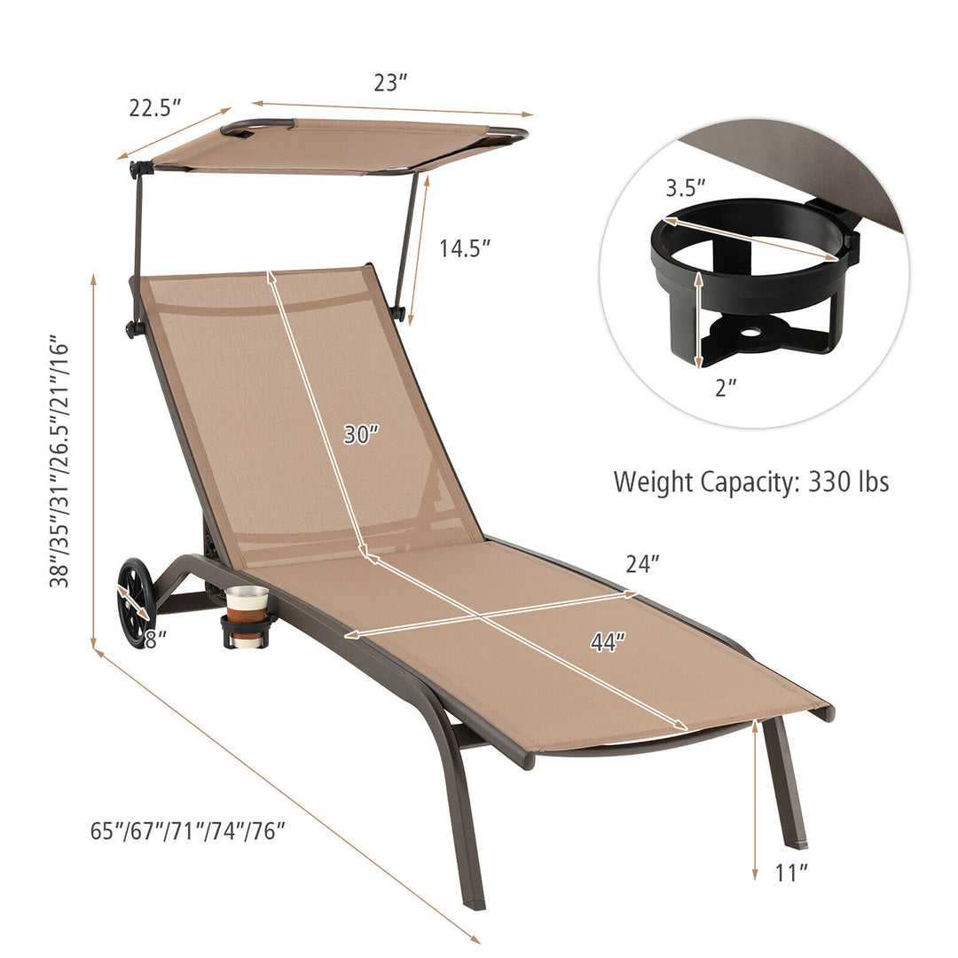 Patio Chaise Lounge Chair Heavy-Duty Lounger Canopy Cup holder Wheeled 6-Level Image 2