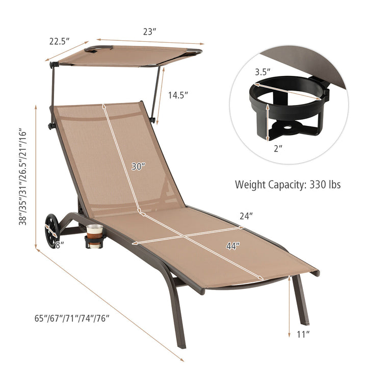 Patio Chaise Lounge Chair Heavy-Duty Lounger Canopy Cup holder Wheeled 6-Level Image 2