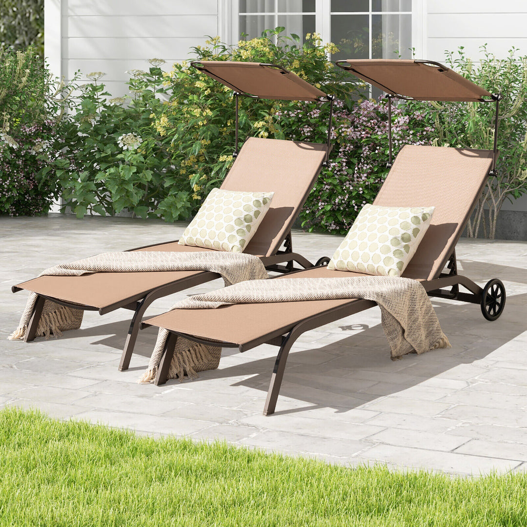 Patio Chaise Lounge Chair Heavy-Duty Lounger Canopy Cup holder Wheeled 6-Level Image 4