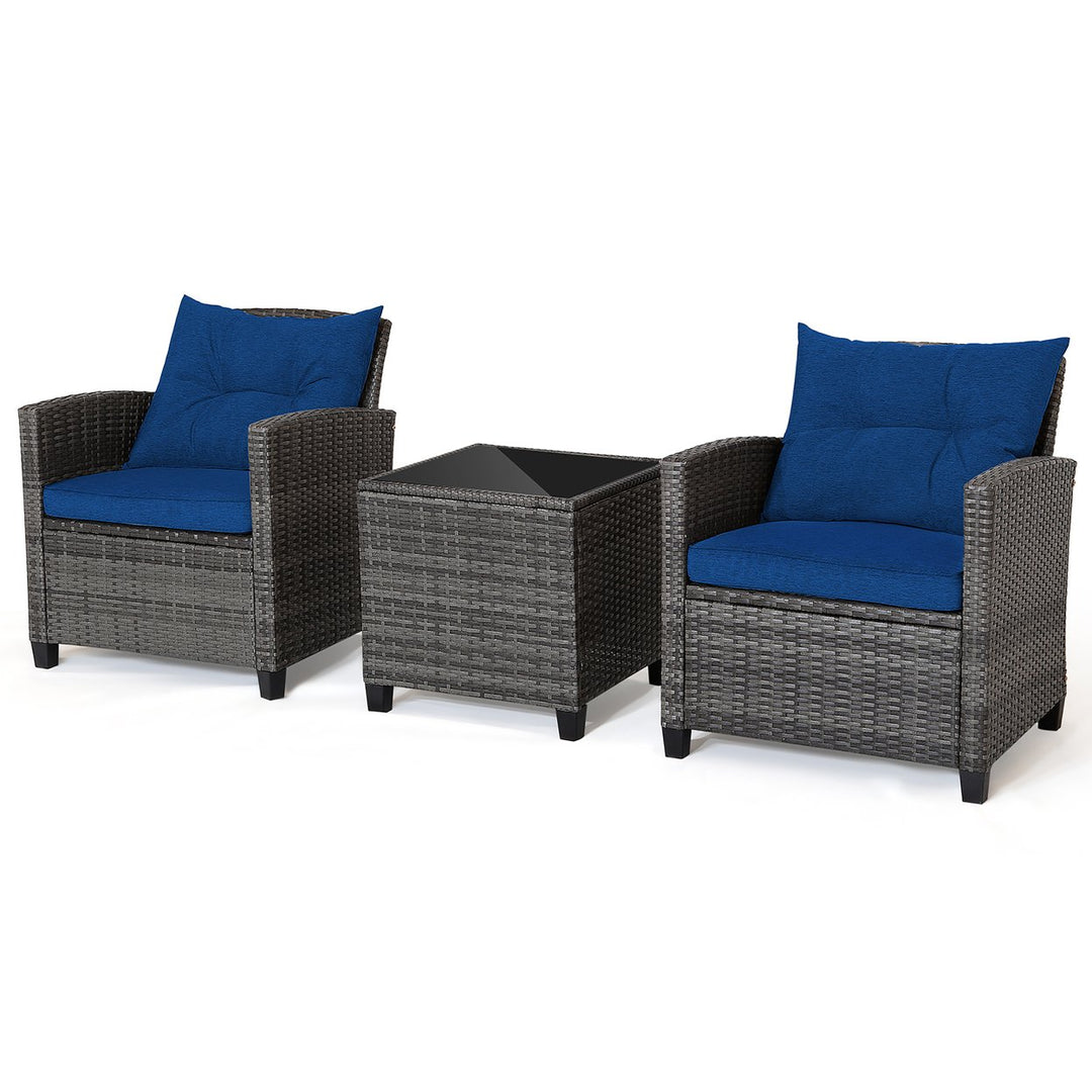 3PCS Patio Rattan Sofa Set Outdoor Wicker Conversation Set Glass Tabletop w/ Navy Cushion Image 9