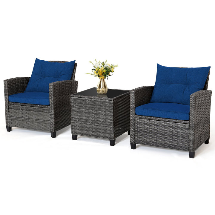 3PCS Patio Rattan Sofa Set Outdoor Wicker Conversation Set Glass Tabletop w/ Navy Cushion Image 2