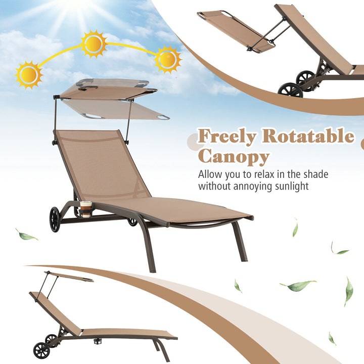 Patio Chaise Lounge Chair Heavy-Duty Lounger Canopy Cup holder Wheeled 6-Level Image 5