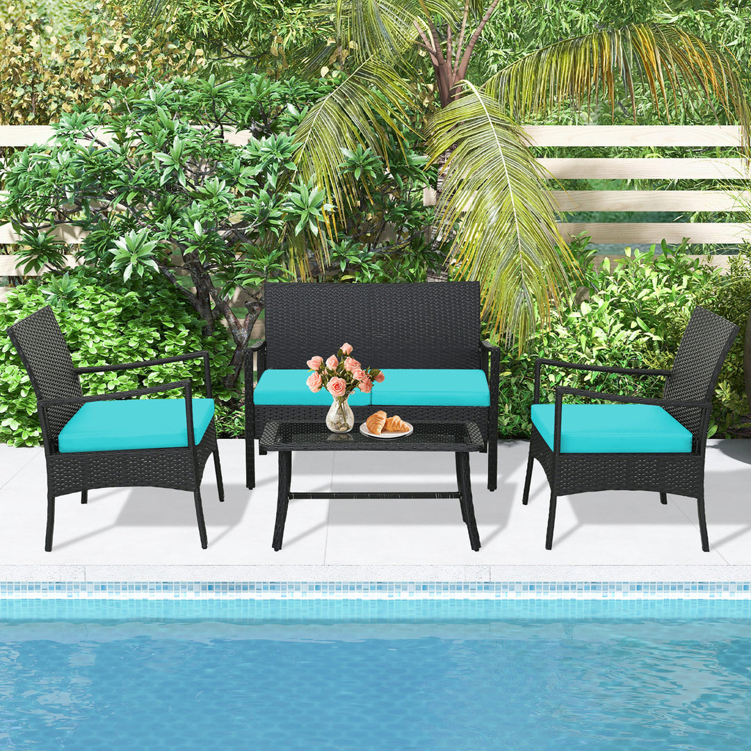 4PCS Patio Rattan PE Wicker Furniture Conversation Set w/ Sofa Chair and Table Image 1