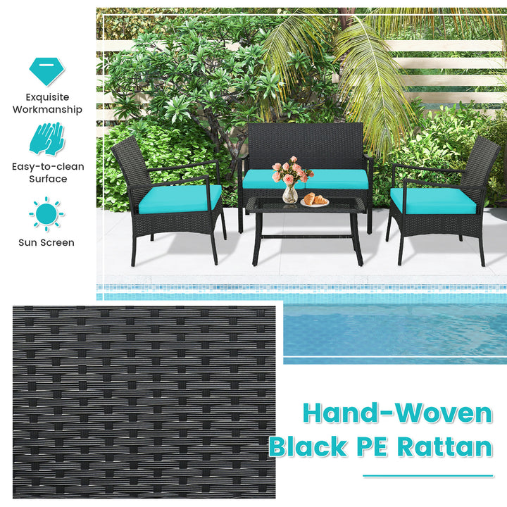 4PCS Patio Rattan PE Wicker Furniture Conversation Set w/ Sofa Chair and Table Image 10