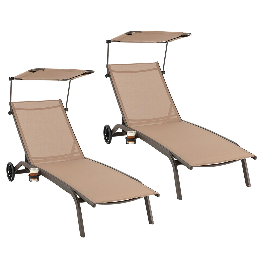 2PCS Patio Chaise Lounge Chair Heavy-Duty Lounger Canopy Cup holder Wheeled 6-Level Image 1