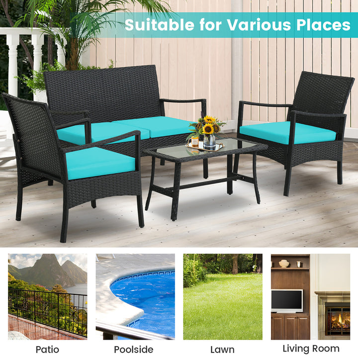 4PCS Patio Rattan PE Wicker Furniture Conversation Set w/ Sofa Chair and Table Image 8