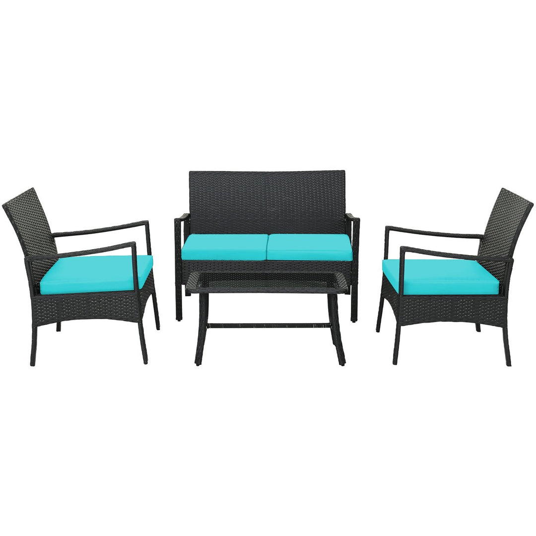 4PCS Patio Rattan PE Wicker Furniture Conversation Set w/ Sofa Chair and Table Image 9