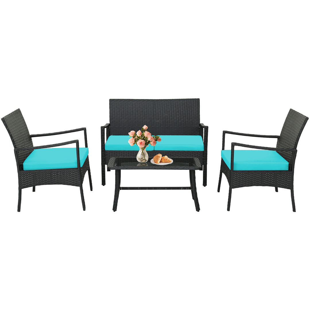 4PCS Patio Rattan PE Wicker Furniture Conversation Set w/ Sofa Chair and Table Image 2