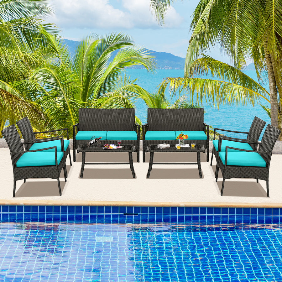 8PCS Patio Rattan PE Wicker Furniture Conversation Set w/ Sofa Chair and Table Image 1