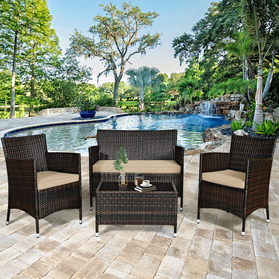 4 Pieces Patio Rattan Conversation Furniture Set Outdoor w/ Brown and Turquoise Cushion Image 1