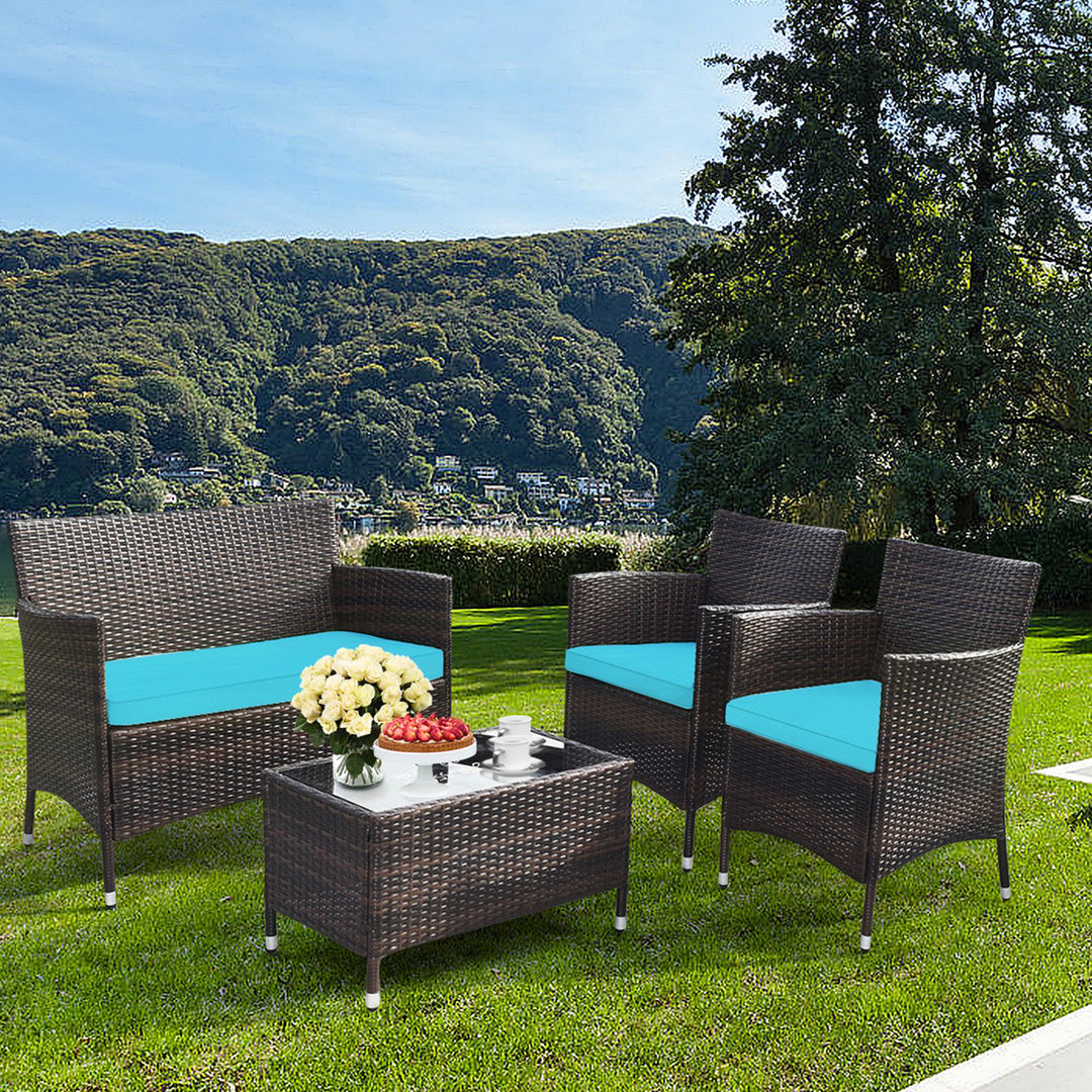 4 Pieces Patio Rattan Conversation Furniture Set Outdoor w/ Brown and Turquoise Cushion Image 2