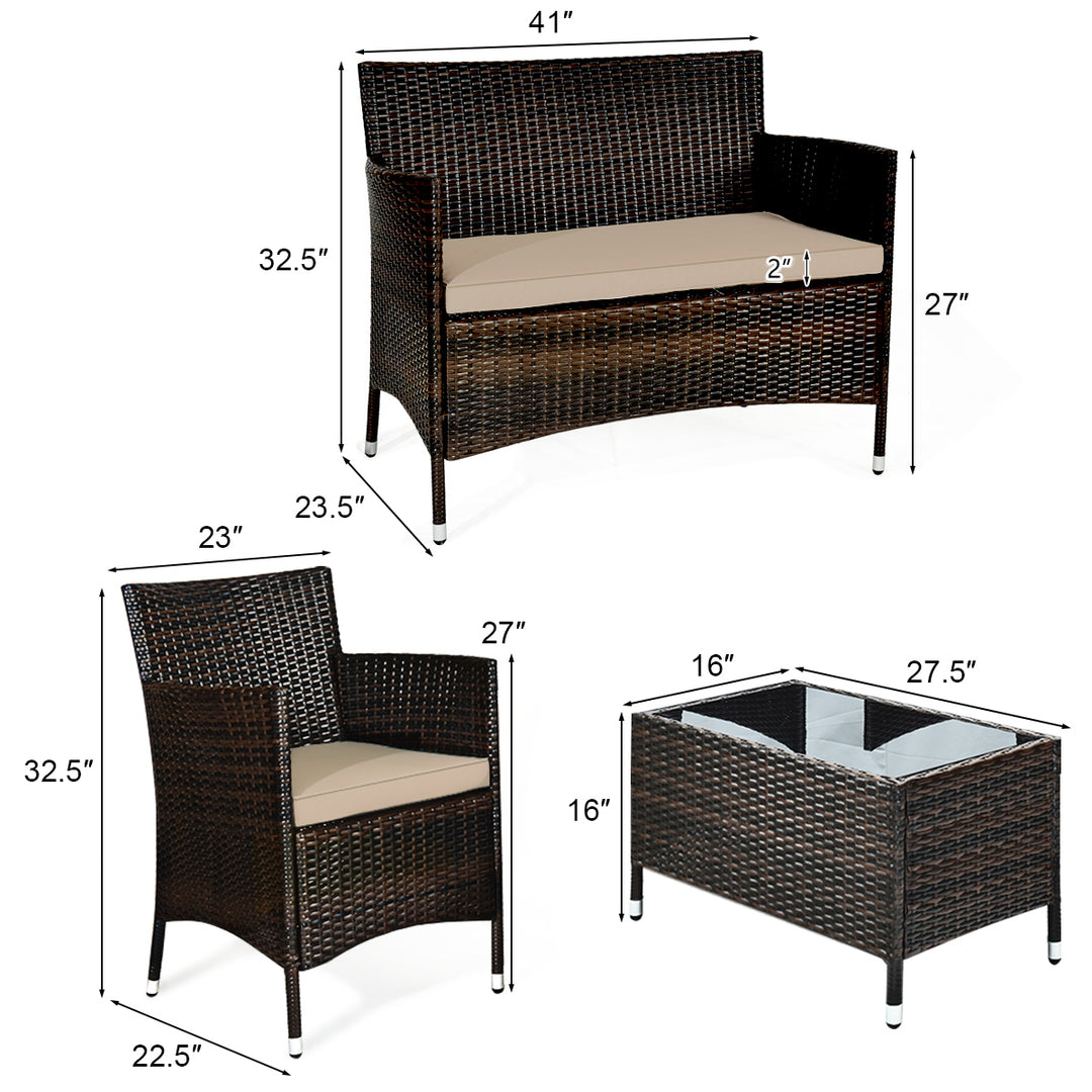 4 Pieces Patio Rattan Conversation Furniture Set Outdoor w/ Brown and Turquoise Cushion Image 3