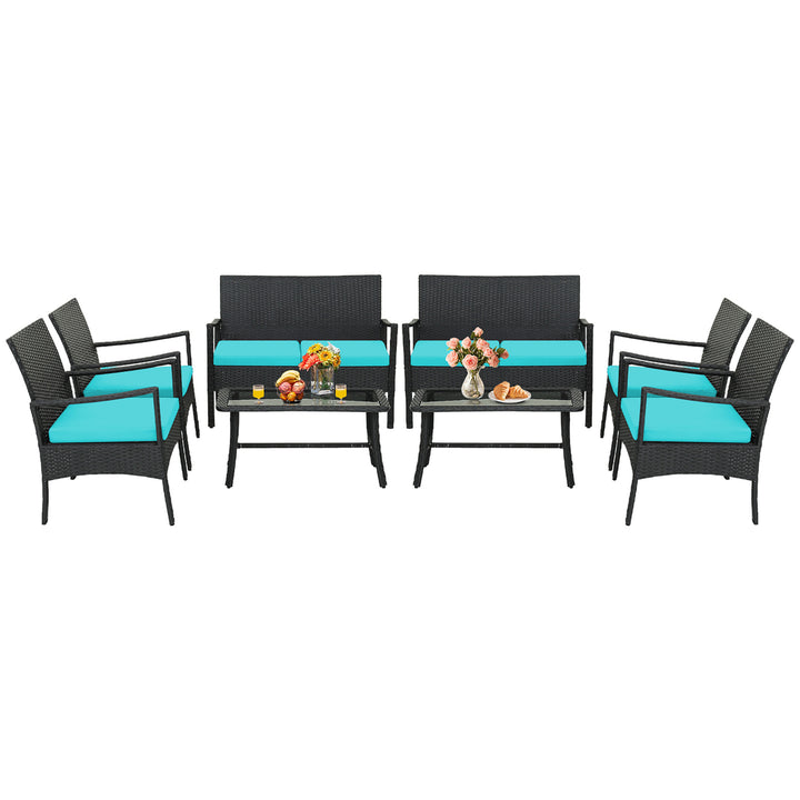 8PCS Patio Rattan PE Wicker Furniture Conversation Set w/ Sofa Chair and Table Image 2