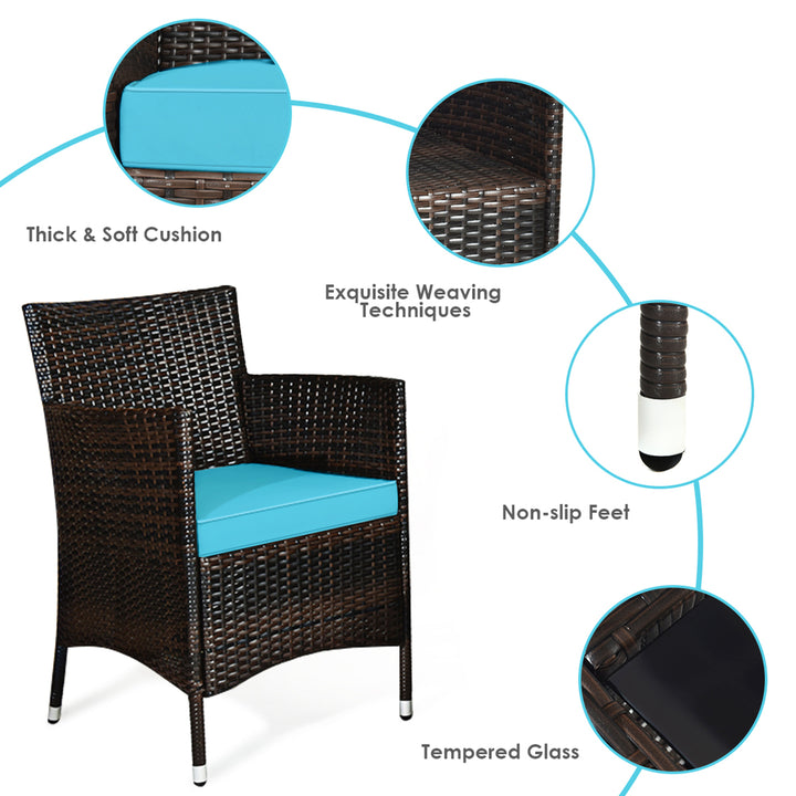 4 Pieces Patio Rattan Conversation Furniture Set Outdoor w/ Brown and Turquoise Cushion Image 7