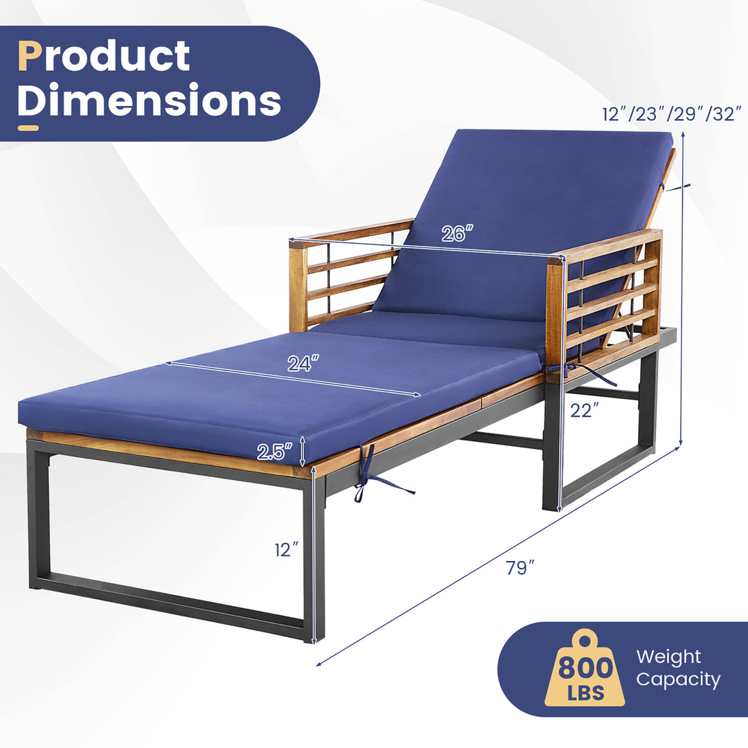 Outdoor Chaise Lounge Chair w/ 4-Position Adjustable Backrest Poolside Patio Navy Image 3