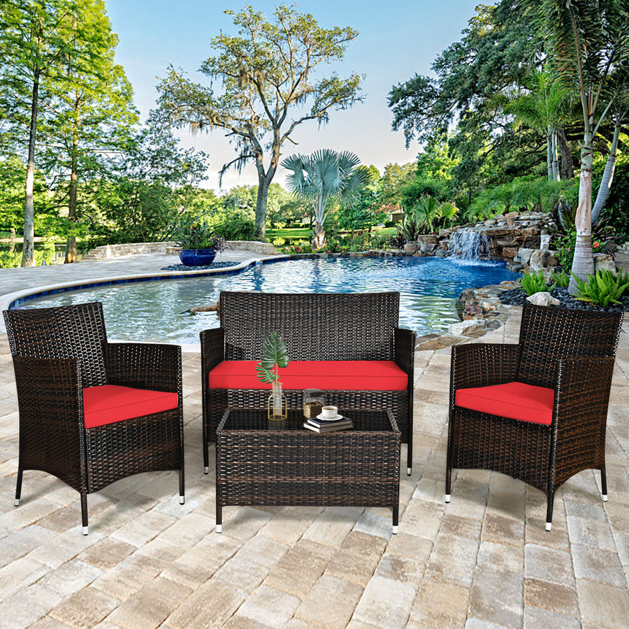 4 Pieces Patio Rattan Conversation Furniture Set Outdoor w/ Brown and Red Cushion Image 1