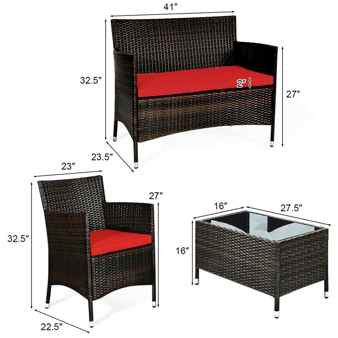 4 Pieces Patio Rattan Conversation Furniture Set Outdoor w/ Brown and Red Cushion Image 3