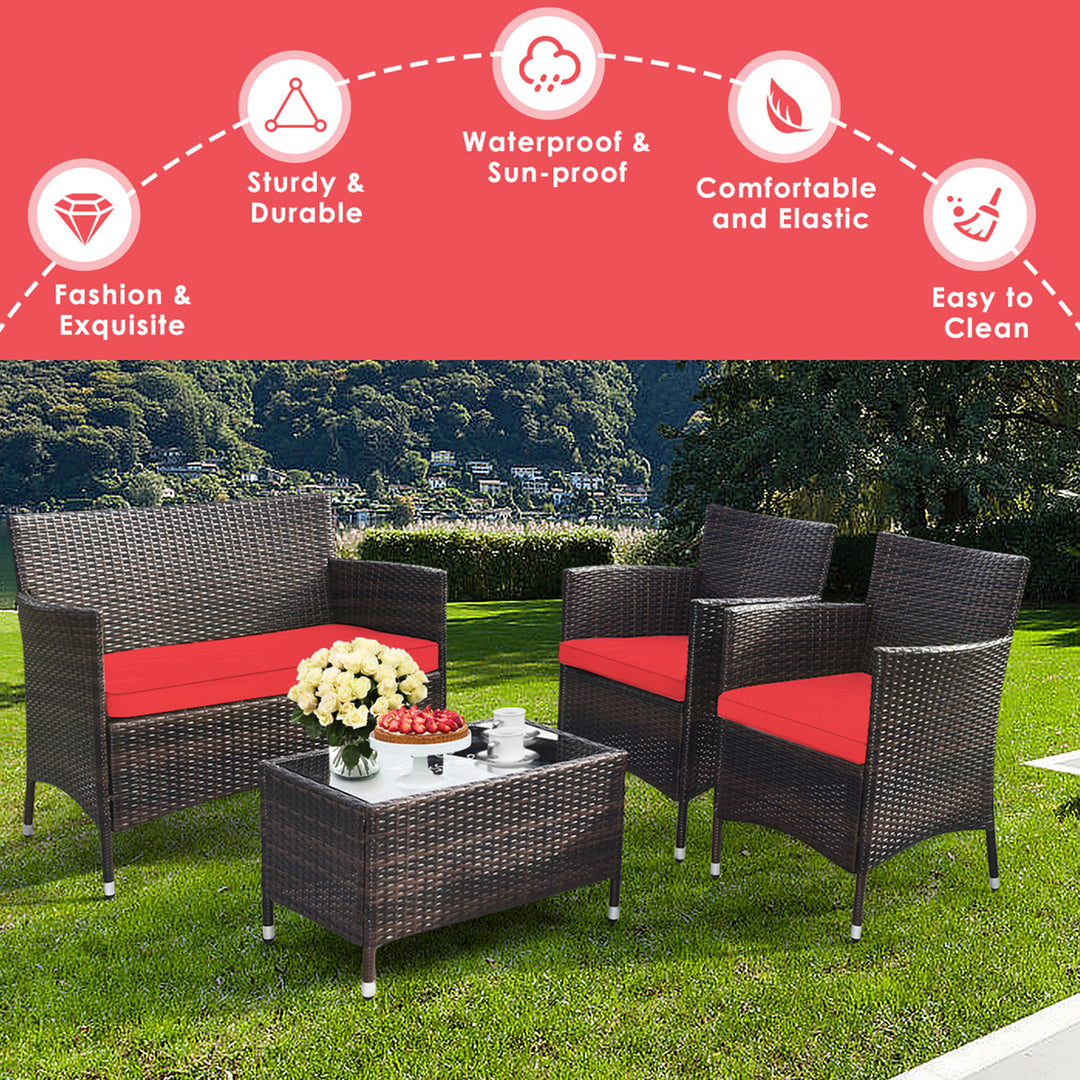 4 Pieces Patio Rattan Conversation Furniture Set Outdoor w/ Brown and Red Cushion Image 4