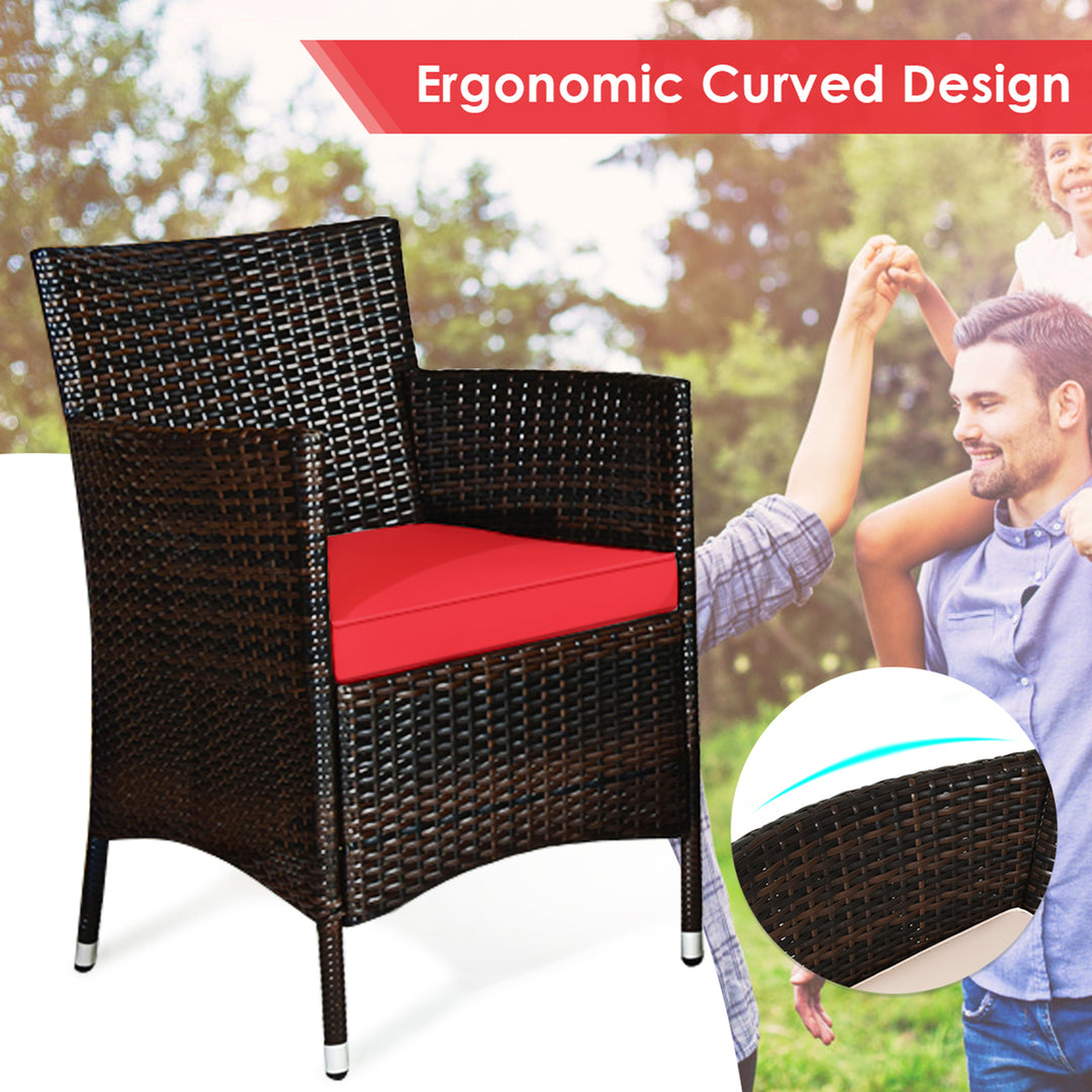 4 Pieces Patio Rattan Conversation Furniture Set Outdoor w/ Brown and Red Cushion Image 6