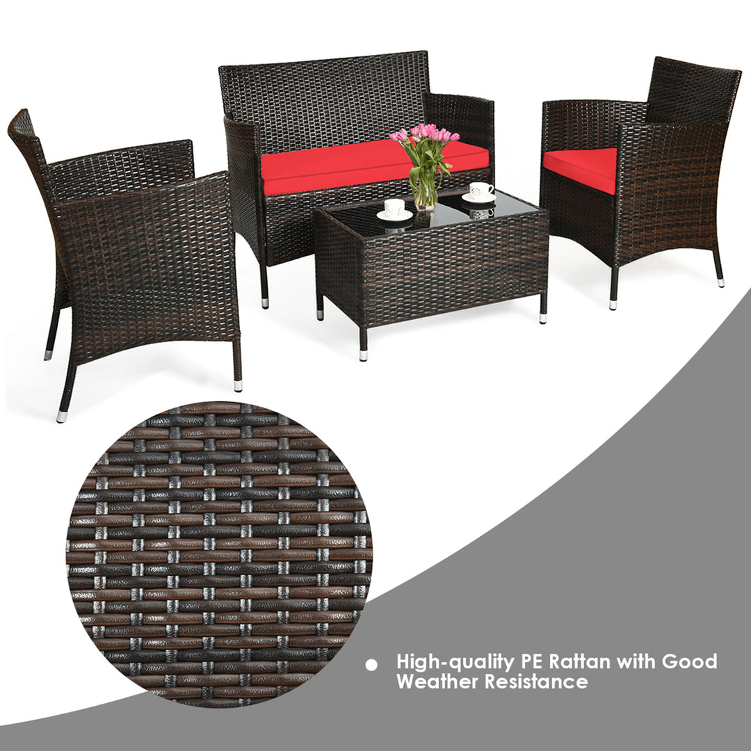 4 Pieces Patio Rattan Conversation Furniture Set Outdoor w/ Brown and Red Cushion Image 7