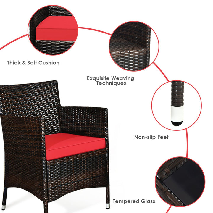 4 Pieces Patio Rattan Conversation Furniture Set Outdoor w/ Brown and Red Cushion Image 8