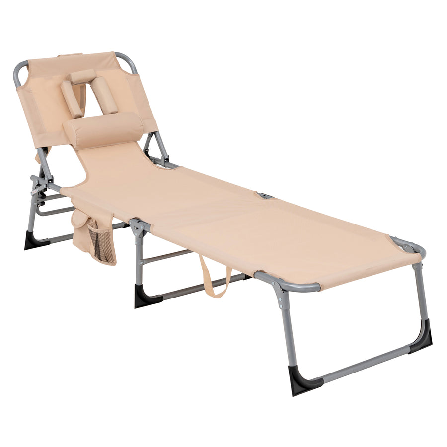 Portable Beach Chaise Lounge Chair Folding Reclining Chair w/ Facing Hole Beige Image 1