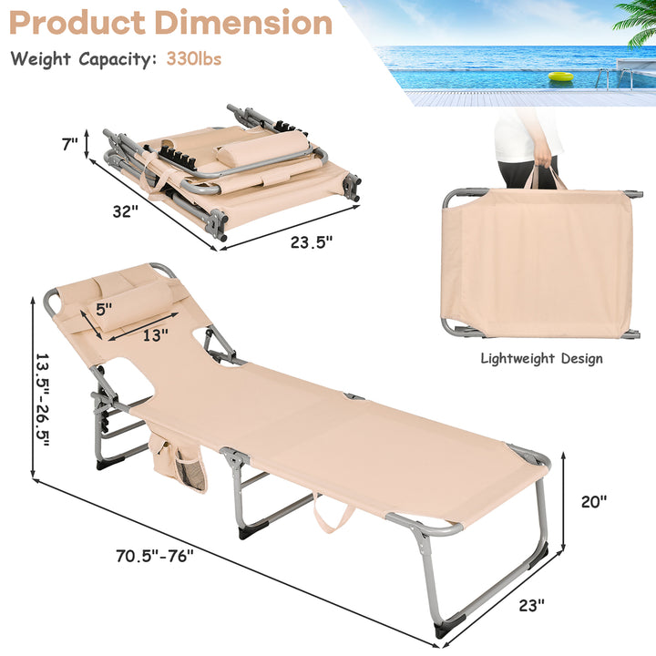 Portable Beach Chaise Lounge Chair Folding Reclining Chair w/ Facing Hole Beige Image 3