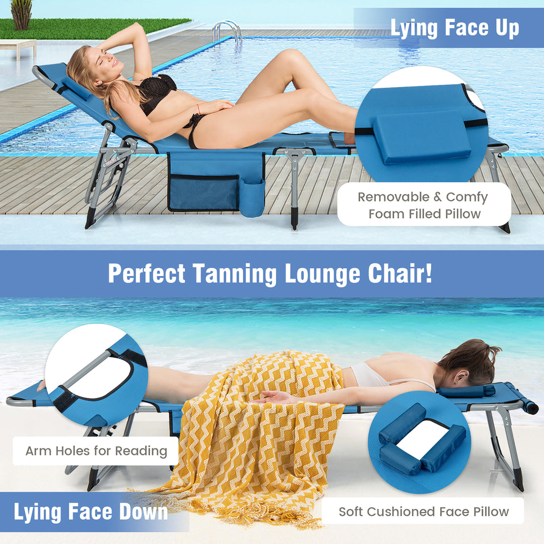 Folding Chaise Lounge Chair Sunbathing Recliner w/ Face Hole and Removable Pillow Image 8