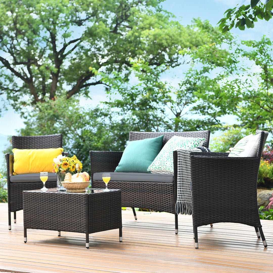 4PCS Patio Rattan Conversation Furniture Set Outdoor w/ Brown and Grey Cushion Image 10