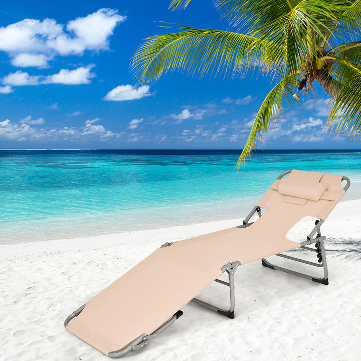 Portable Beach Chaise Lounge Chair Folding Reclining Chair w/ Facing Hole Beige Image 4