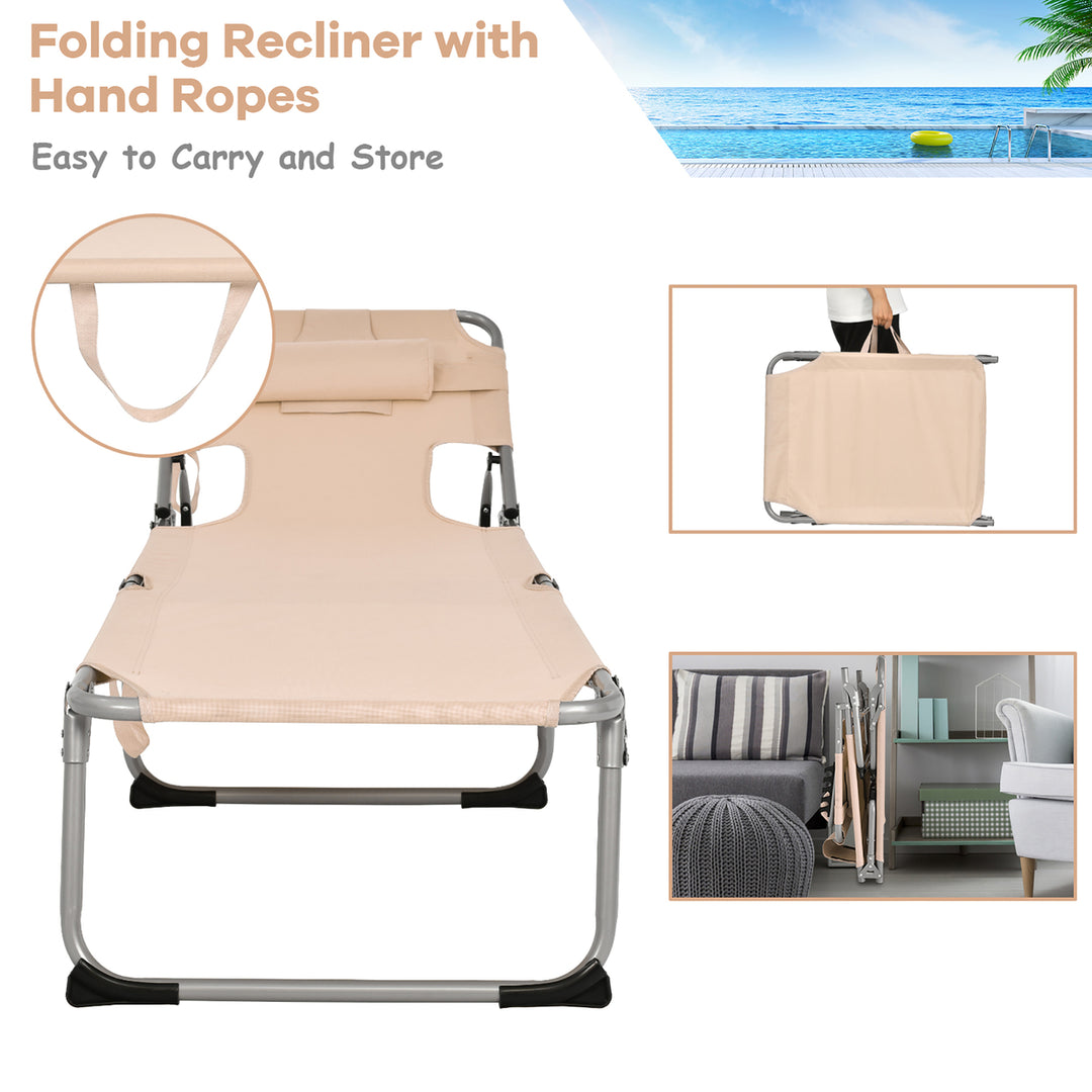 Portable Beach Chaise Lounge Chair Folding Reclining Chair w/ Facing Hole Beige Image 6