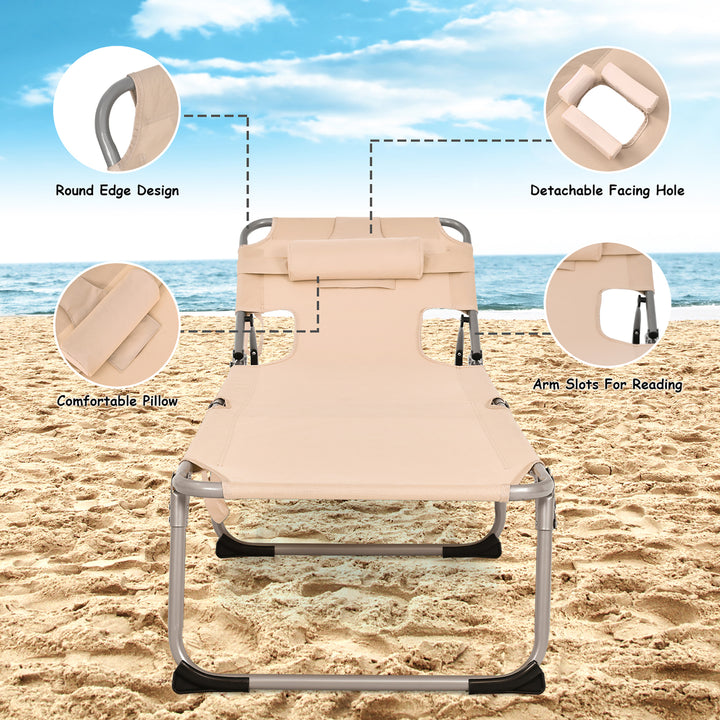 Portable Beach Chaise Lounge Chair Folding Reclining Chair w/ Facing Hole Beige Image 7