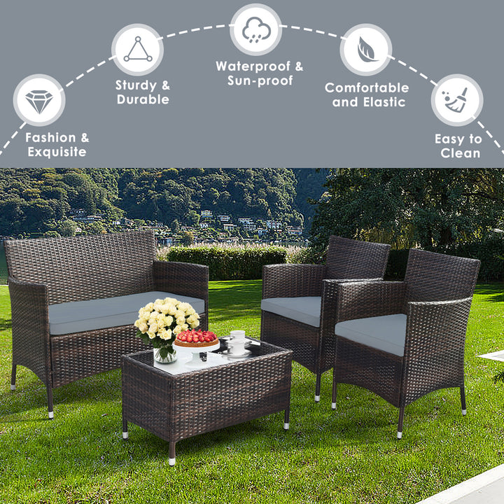 8PCS Patio Rattan Conversation Furniture Set Outdoor w/ Brown and Grey Cushion Image 4