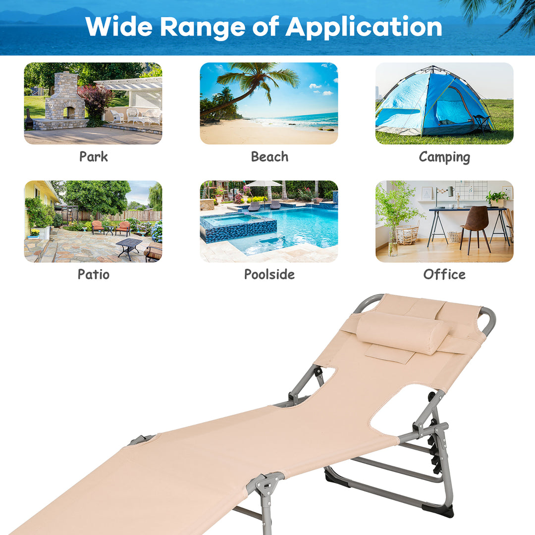 Portable Beach Chaise Lounge Chair Folding Reclining Chair w/ Facing Hole Beige Image 8