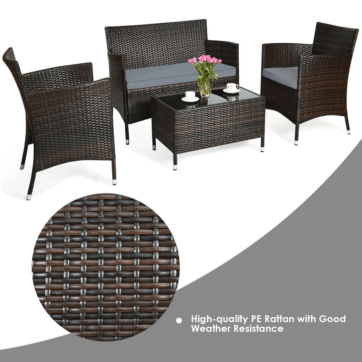 8PCS Patio Rattan Conversation Furniture Set Outdoor w/ Brown and Grey Cushion Image 6