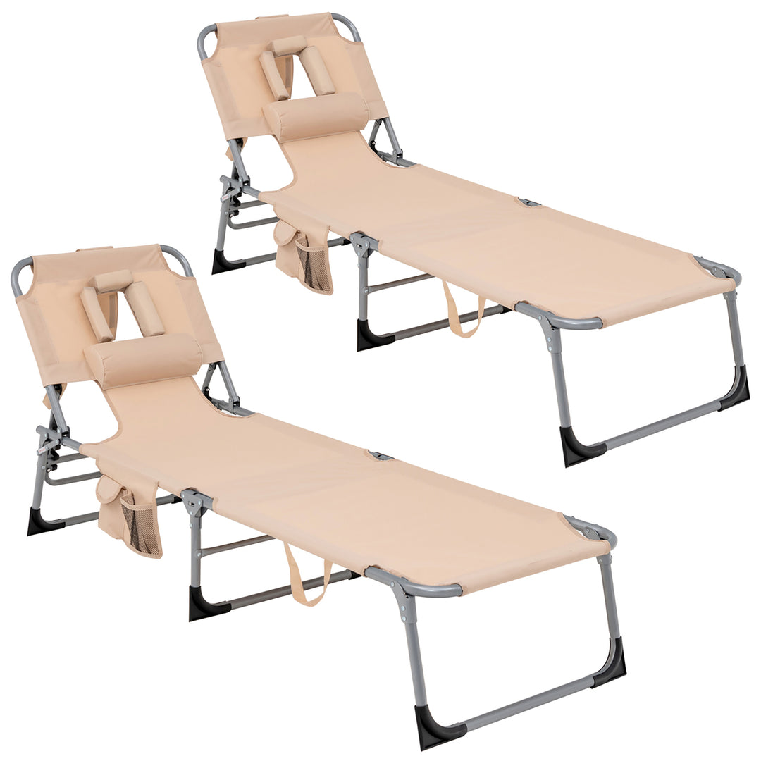 2 Pieces Portable Beach Chaise Lounge Chair Folding Reclining Chair w/ Facing Hole Beige Image 1