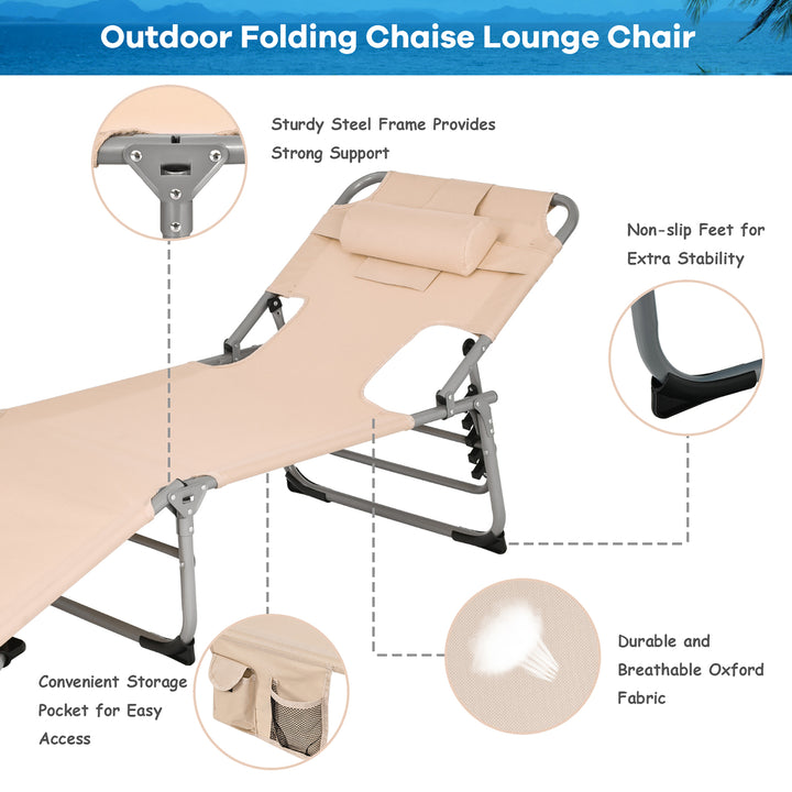 Portable Beach Chaise Lounge Chair Folding Reclining Chair w/ Facing Hole Beige Image 9