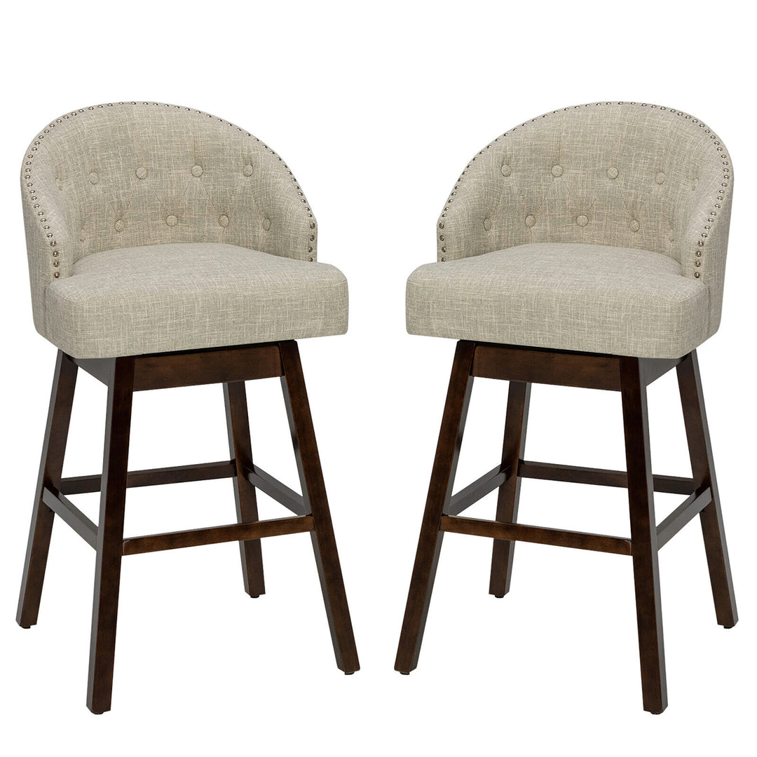 Set of 2 Swivel Bar Stools Tufted Bar Height Pub Chairs w/ Rubber Wood Legs Image 1