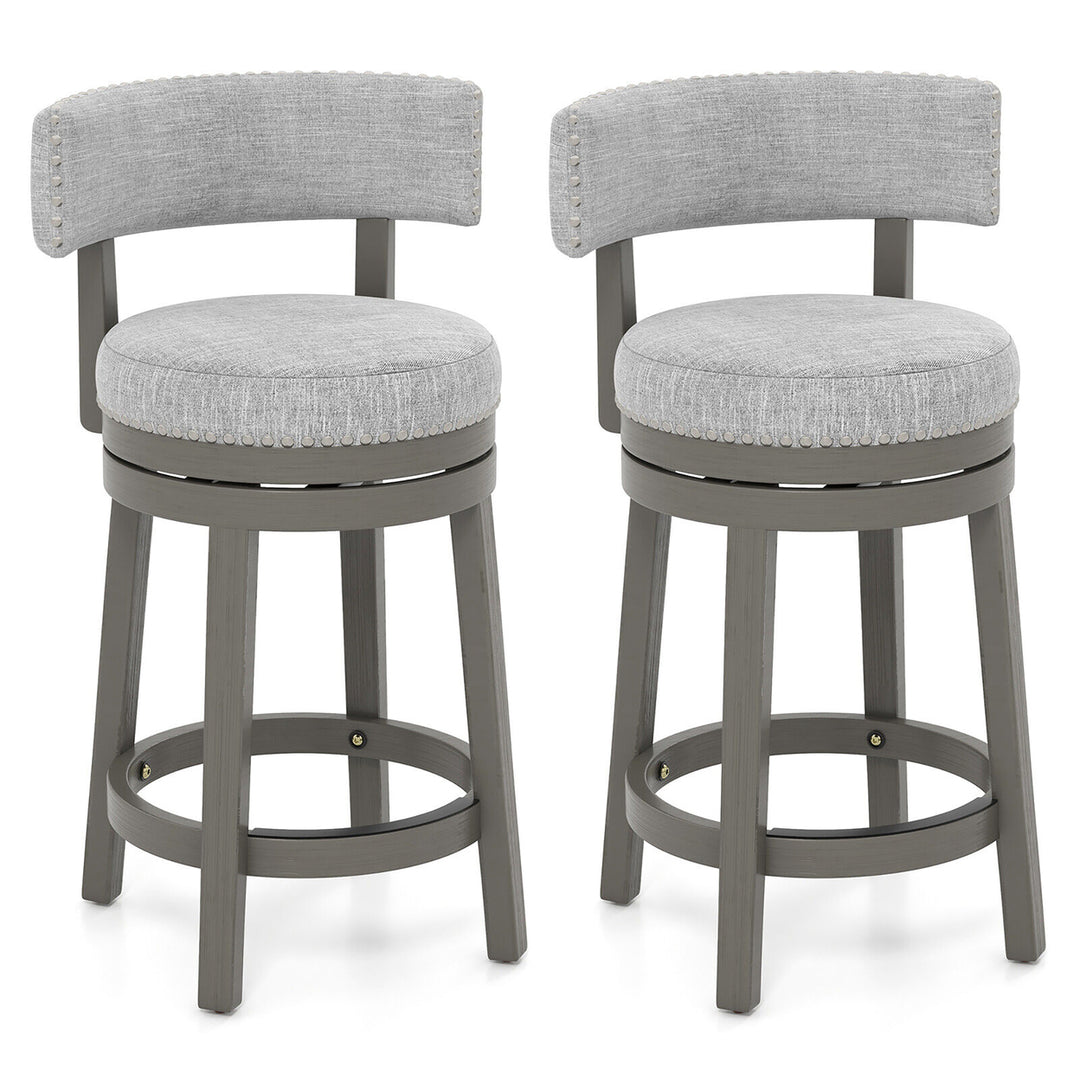 Set of 2 Upholstered Swivel Bar Stools Wooden Counter Height Kitchen Chairs Grey Image 1