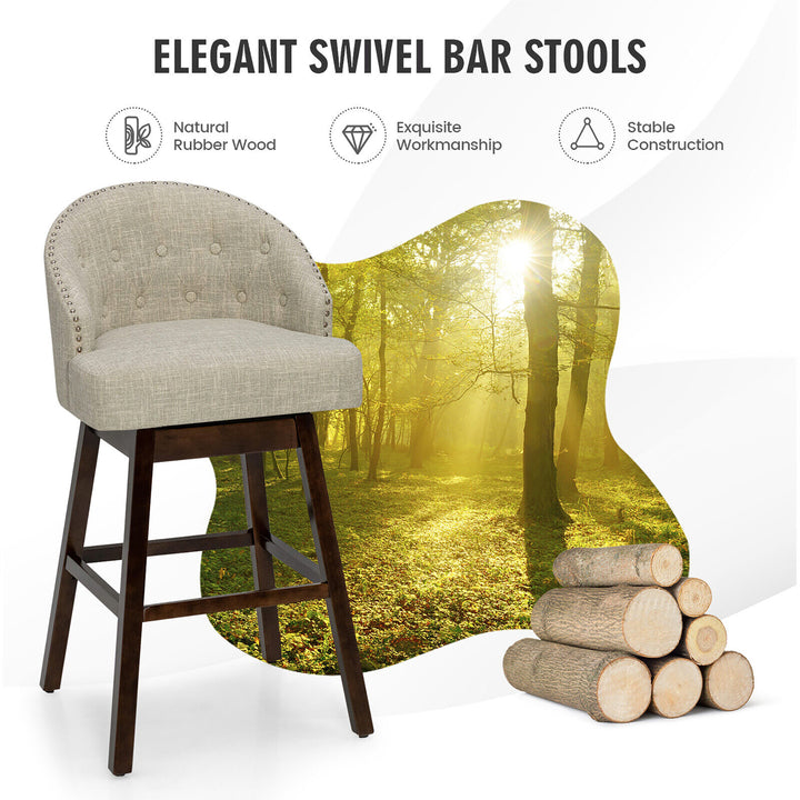 Set of 2 Swivel Bar Stools Tufted Bar Height Pub Chairs w/ Rubber Wood Legs Image 7