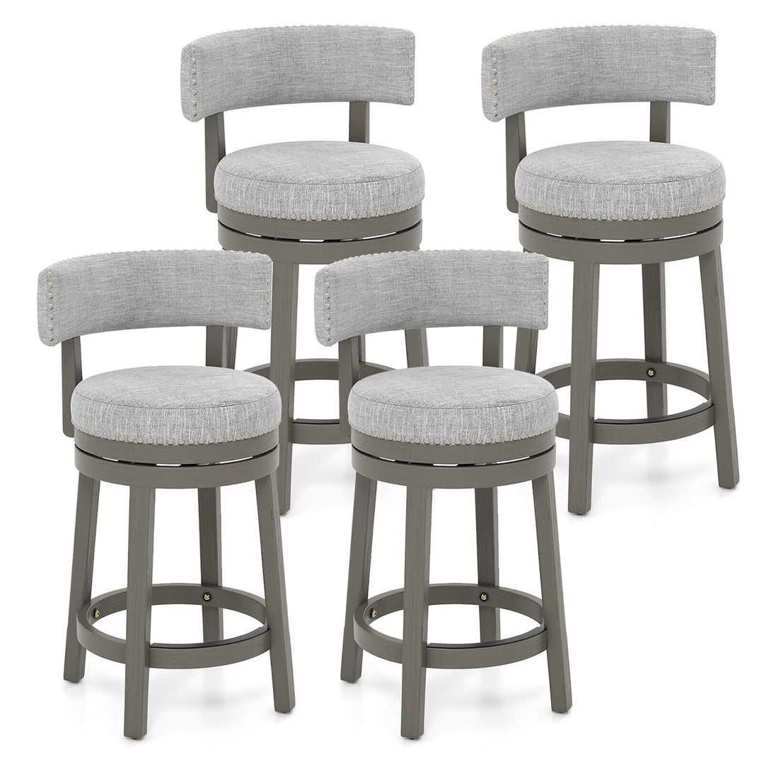 Set of 4 Upholstered Swivel Bar Stools Wooden Counter Height Kitchen Chairs Grey Image 1