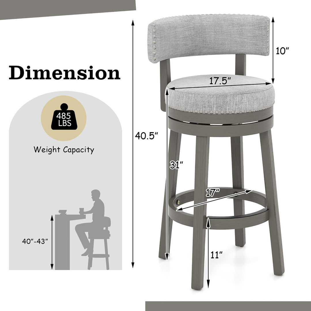 Upholstered Swivel Bar Stool Wooden Bar Height Kitchen Chair w/ Back Grey Image 2