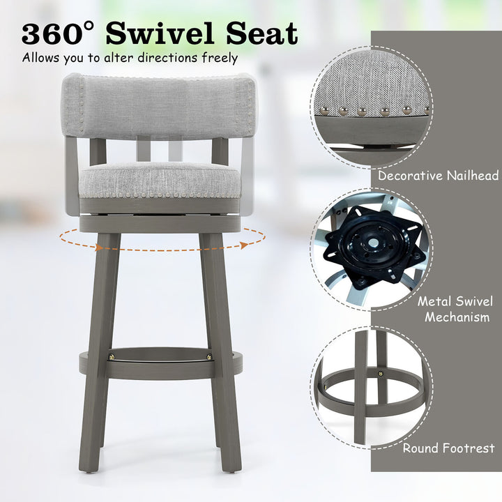 Upholstered Swivel Bar Stool Wooden Bar Height Kitchen Chair w/ Back Grey Image 8