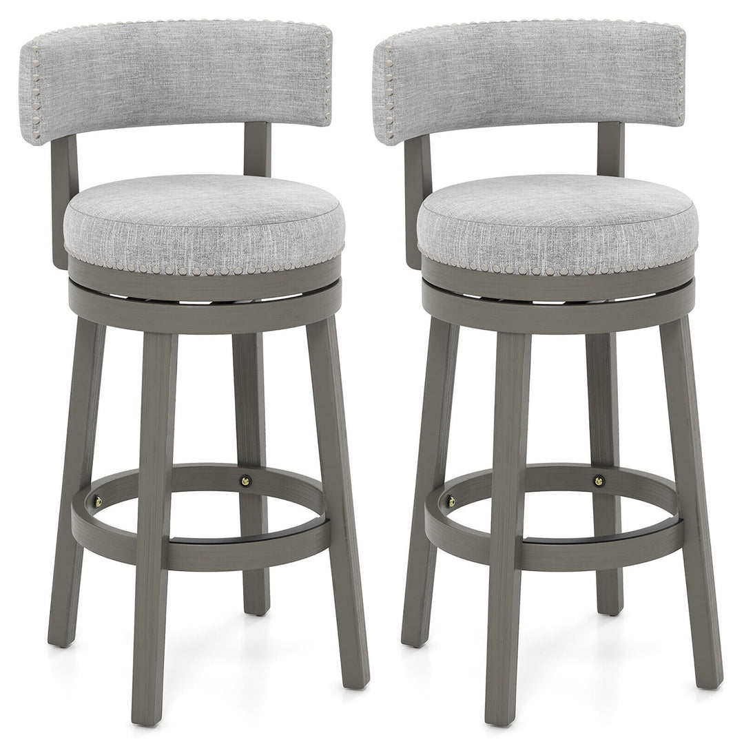 Set of 2 Upholstered Swivel Bar Stools Wooden Bar Height Kitchen Chairs Grey Image 1