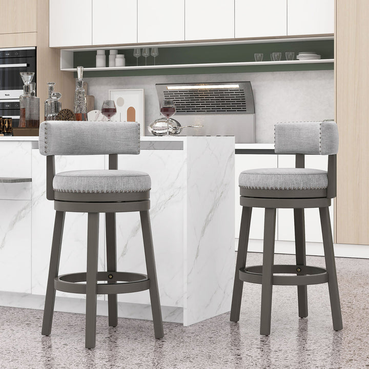 Set of 2 Upholstered Swivel Bar Stools Wooden Bar Height Kitchen Chairs Grey Image 3