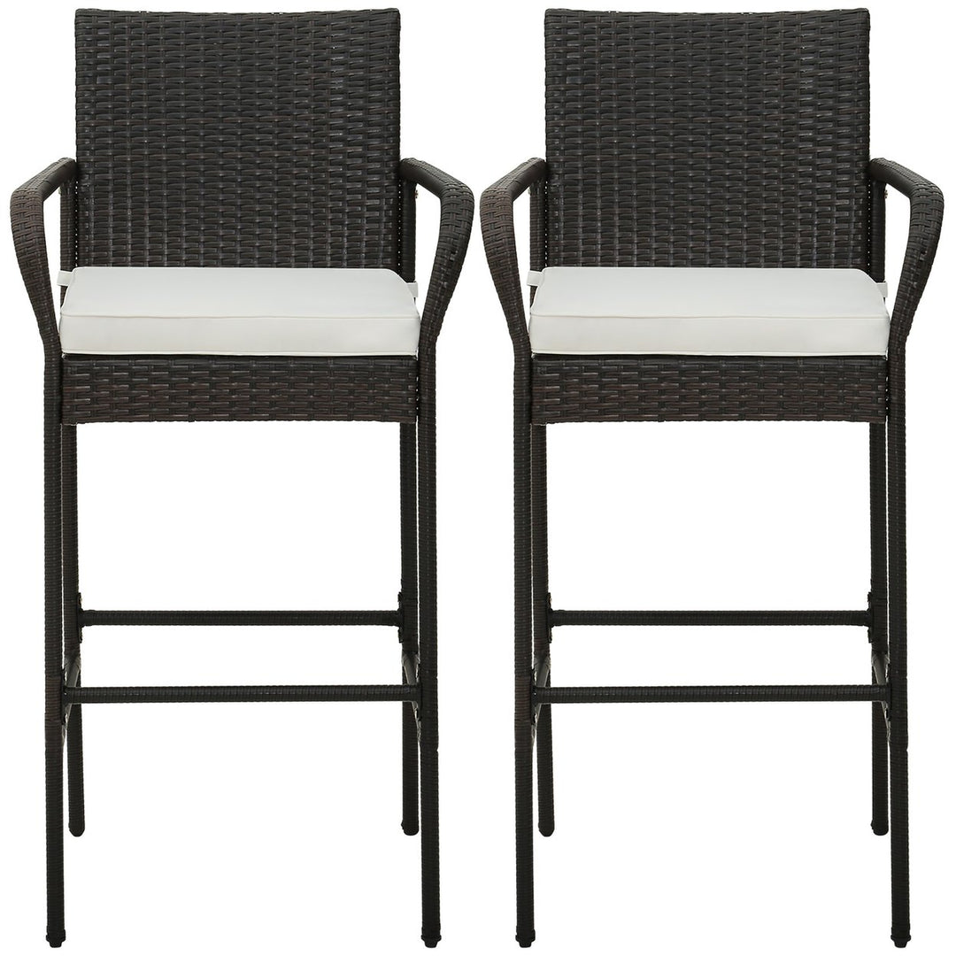 Set of 2 Wicker Bar Stools Set Outdoor High Back Bar Counter Chairs w/ Cushions Image 1