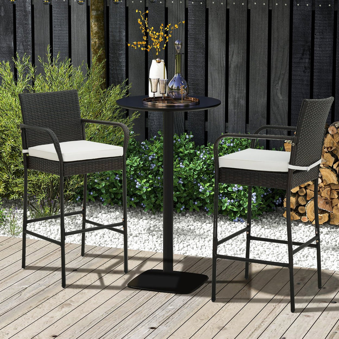 Set of 2 Wicker Bar Stools Set Outdoor High Back Bar Counter Chairs w/ Cushions Image 3