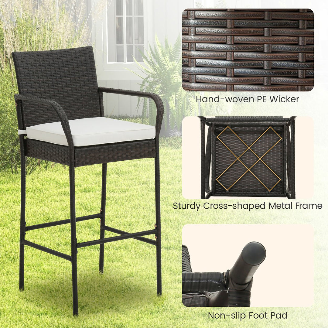 Set of 2 Wicker Bar Stools Set Outdoor High Back Bar Counter Chairs w/ Cushions Image 6