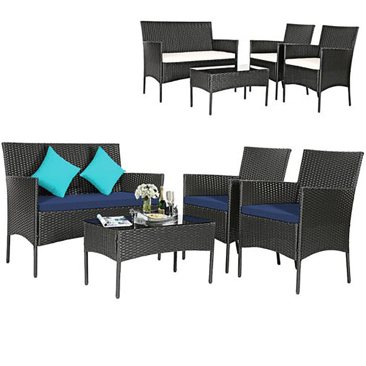 4PCS Outdoor Furniture Set Patio Rattan Conversation Set w/ Navy and Off White Cushion Image 1