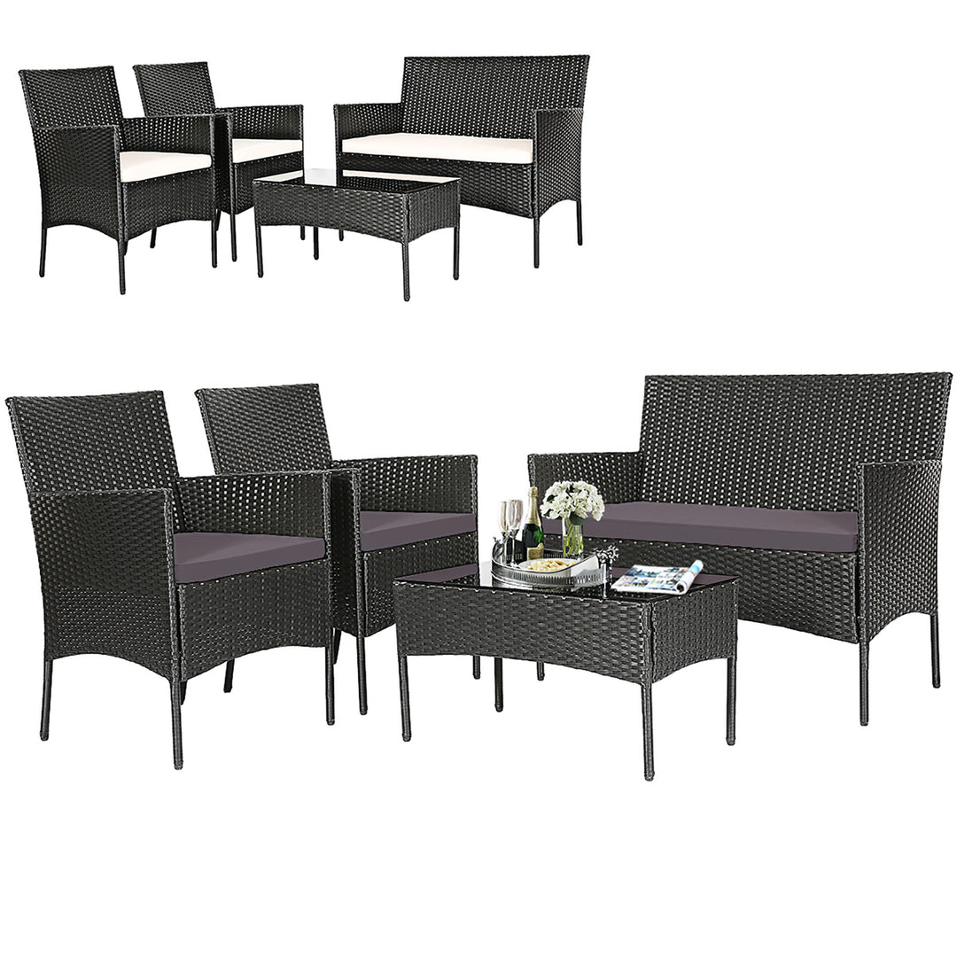 4PCS Outdoor Furniture Set Patio Rattan Conversation Set w/ Grey and Off White Cushion Image 1